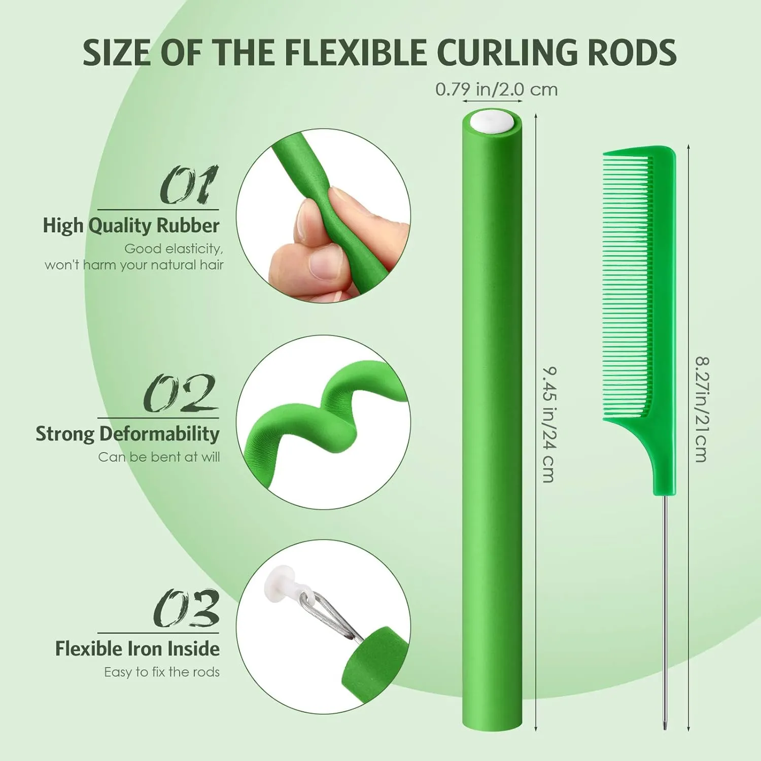Syhood 30 Pcs Flexible Curling Rods 9.45 Twist Foam Rollers Soft Foam No Heat Hair Rods Rollers and 1 Steel Pintail Comb Rat Tail Comb for Women Long Short Hair(Green,9.45 x 0.79 Inch)