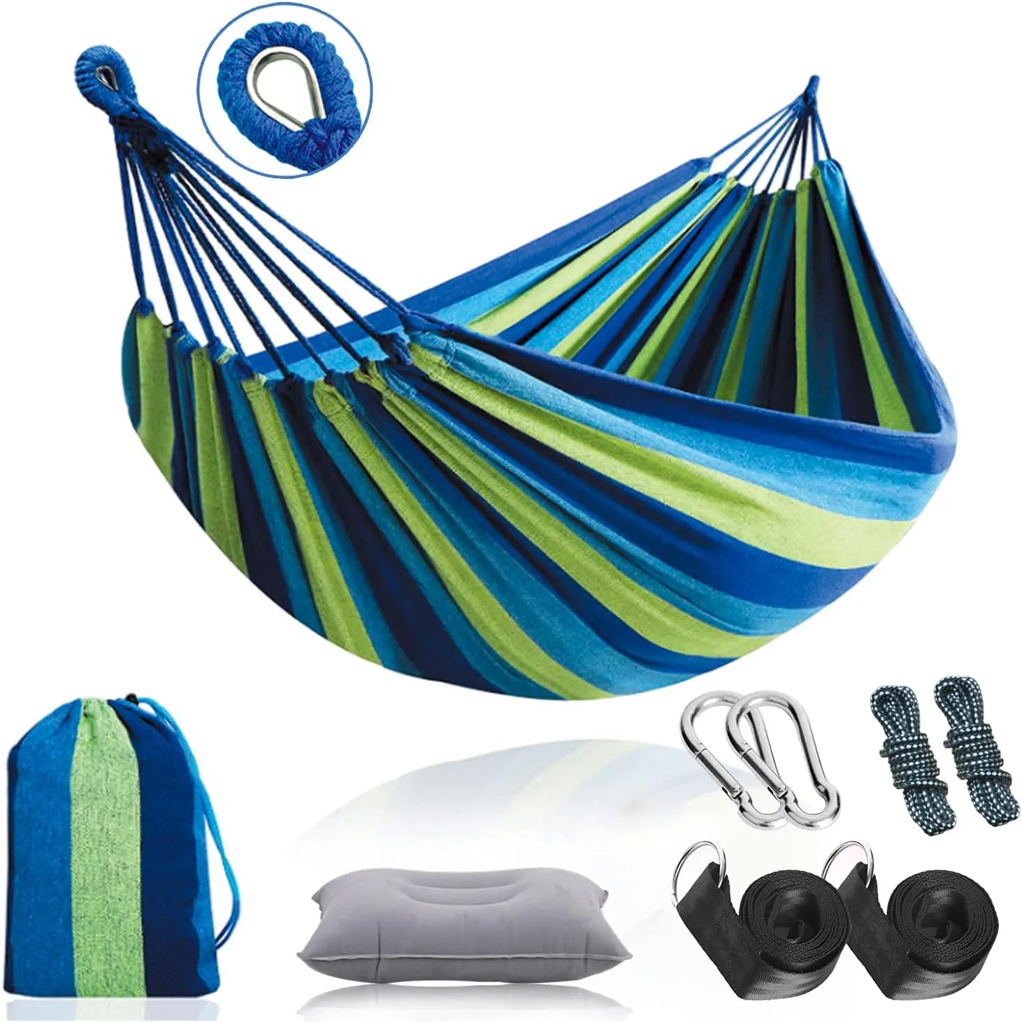 SZHLUX Double Hammock Blue & Green Stripes