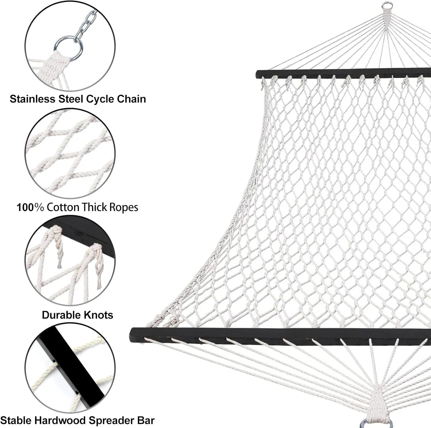 SZHLUX Double Rope Hammocks, Traditional Hand Woven Cotton Hammock with Hardwood Spreader Bar and Carrying Case for Outdoor, Indoor for Two Person, 450lb Weight Capacity