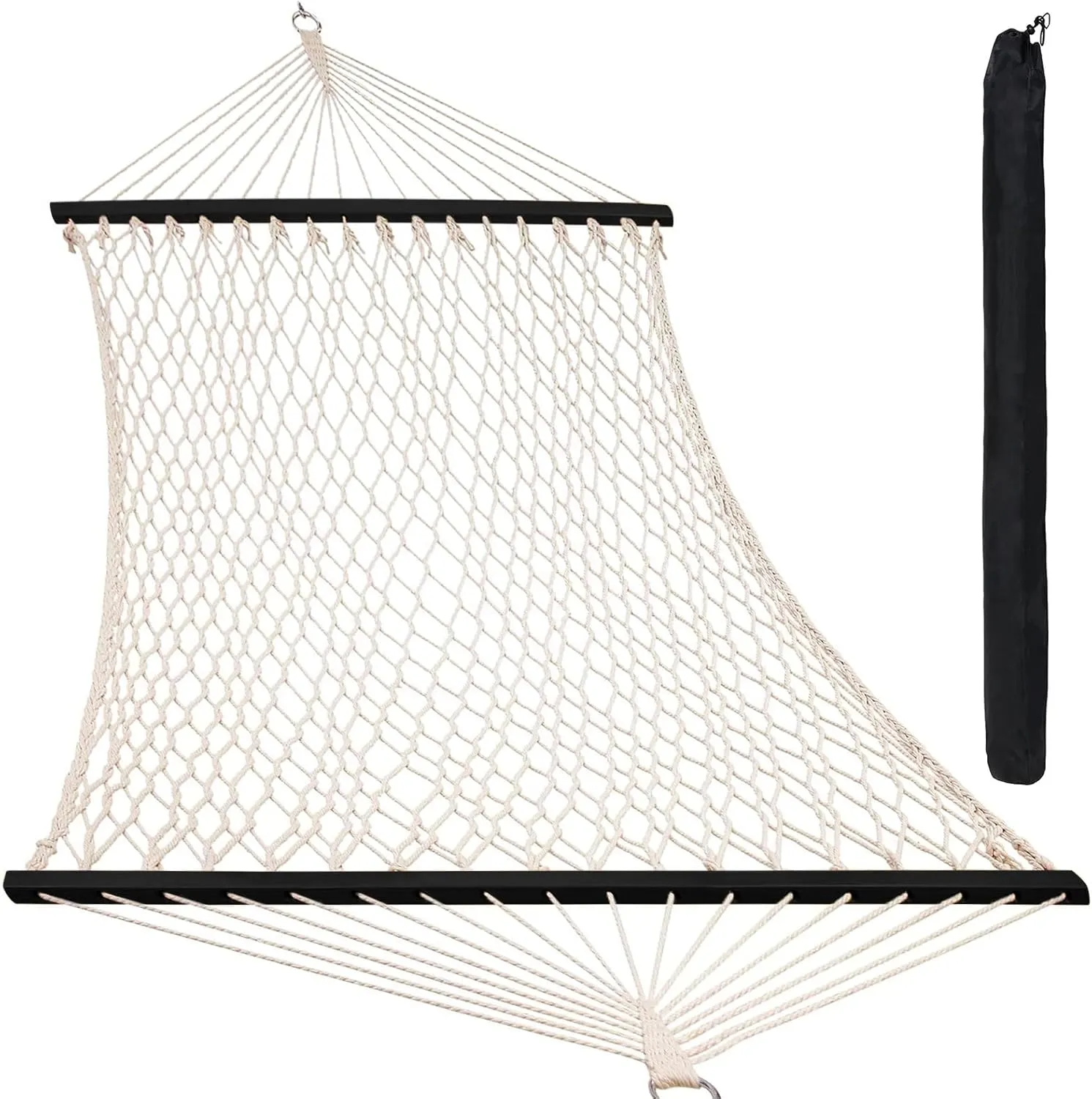 SZHLUX Double Rope Hammocks, Traditional Hand Woven Cotton Hammock with Hardwood Spreader Bar and Carrying Case for Outdoor, Indoor for Two Person, 450lb Weight Capacity