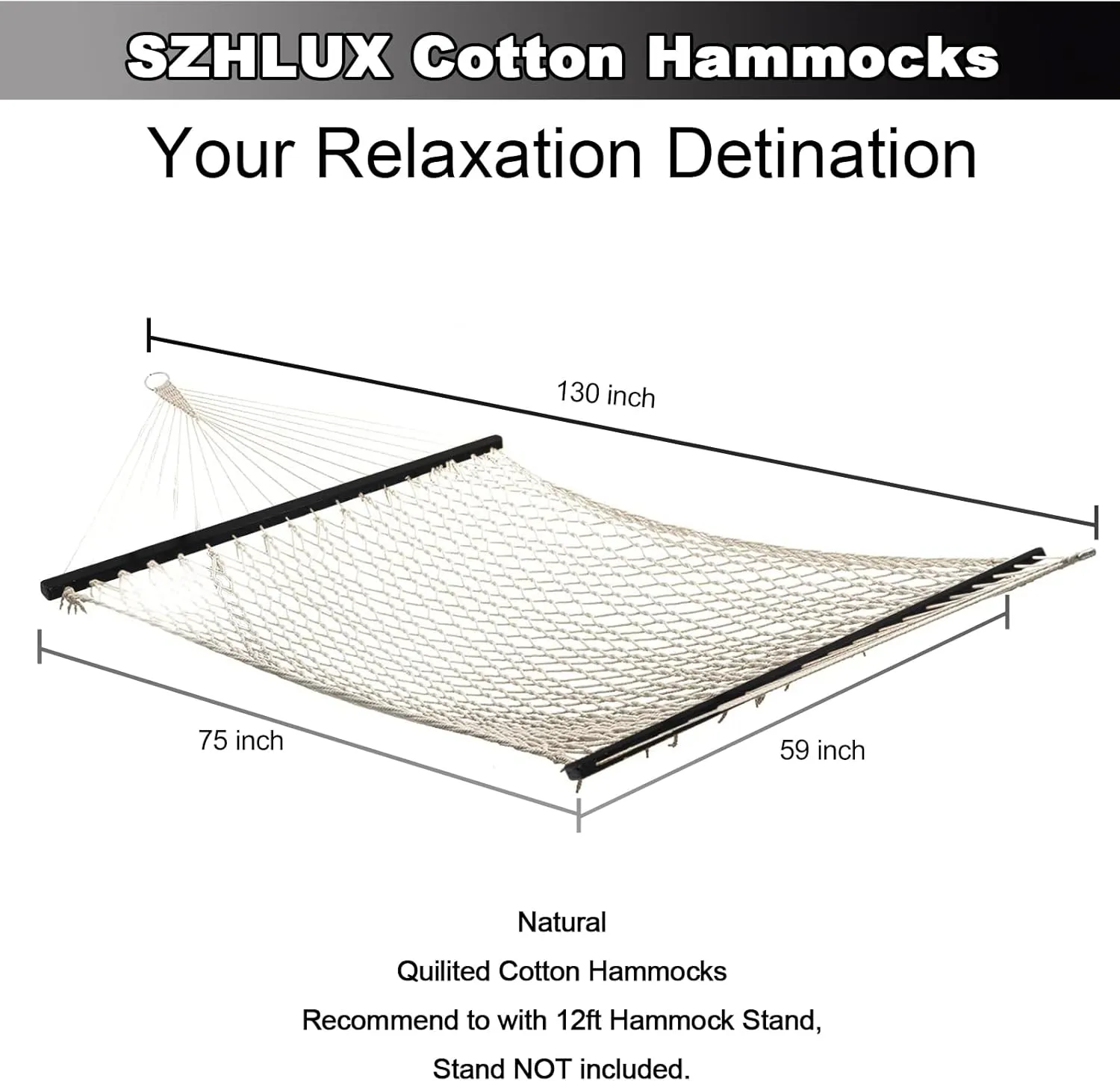 SZHLUX Double Rope Hammocks, Traditional Hand Woven Cotton Hammock with Hardwood Spreader Bar and Carrying Case for Outdoor, Indoor for Two Person, 450lb Weight Capacity