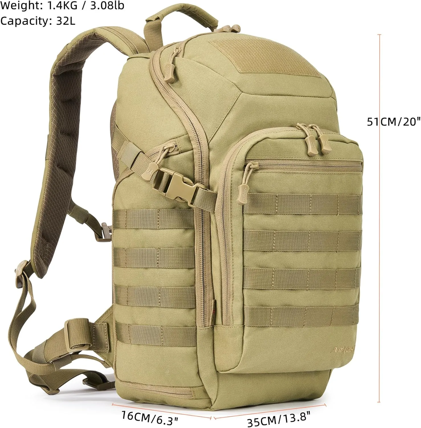 Tactical Backpack Military Army Molle Day Assault Pack Daypack Rucksack Survival Bugout Emergency Go Bag 32L (Tan)