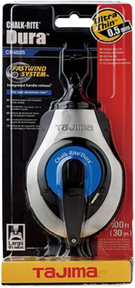 Tajima Chalk Line - Chalk-Rite Dura Chalk Box with Ultra Thin 0.5mm Snap Line & Integrated Handle Release - CR402S