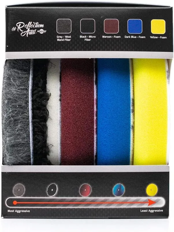 The Rag Company - Buff and Shine Reflection Artist Complete 5" Buffing Kit - Combination of Five Pads, URO line, Easy to Use Combo