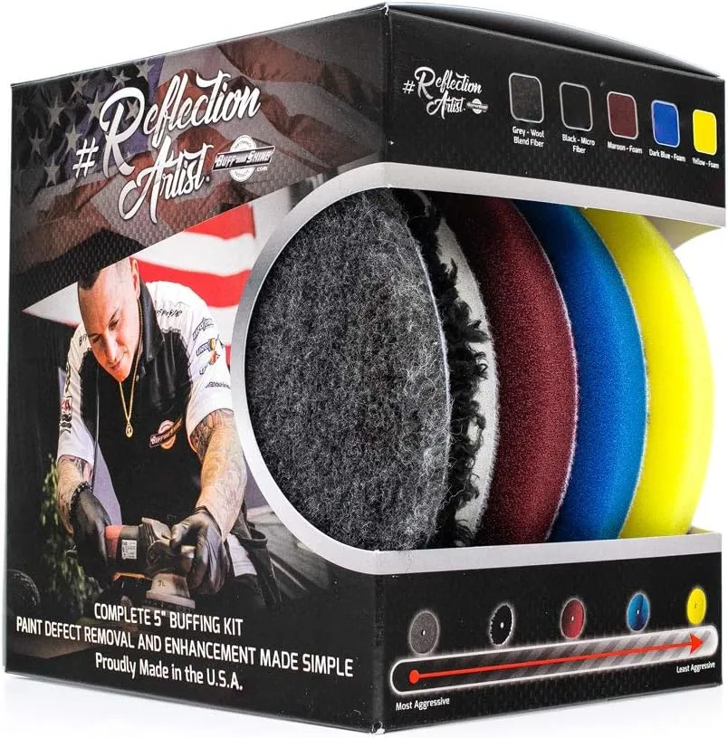 The Rag Company - Buff and Shine Reflection Artist Complete 5" Buffing Kit - Combination of Five Pads, URO line, Easy to Use Combo