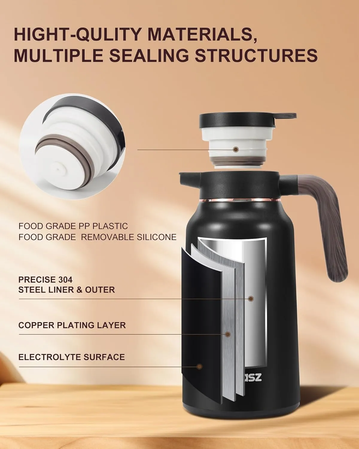 Thermal Coffee Carafe 70 oz - 36 Hour Hot Stainless Steel Carafes for Hot Liquids-Insulated Coffee Carafes For Keeping Hot/Cold Coffee, Tea, Water, Drink Dispenser for Parties(Black)
