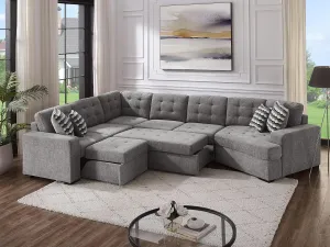 THSUPER 149'' Oversized Sectional Sleeper Sofa Couch with Chaise Lounge and Pull Out Bed, 7-Seater U-Shaped Sectionals Couches with Cuddler for Living Room. Grey Chenille