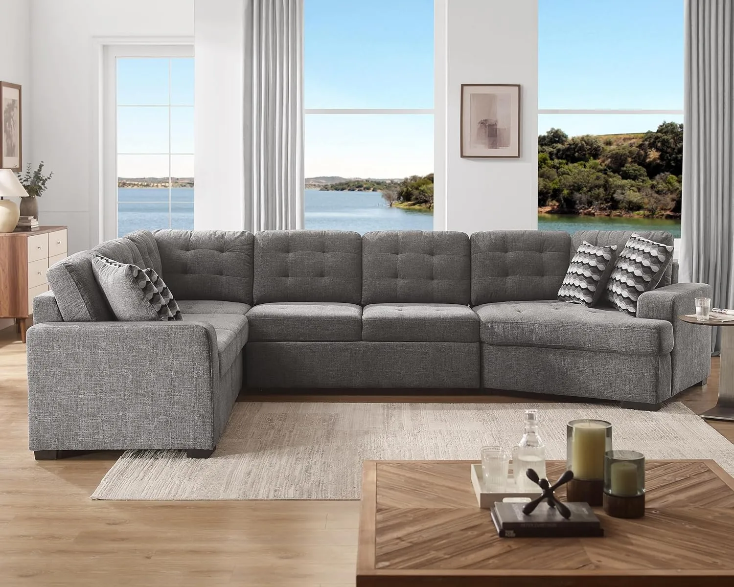 THSUPER 149'' Oversized Sectional Sleeper Sofa Couch with Chaise Lounge and Pull Out Bed, 7-Seater U-Shaped Sectionals Couches with Cuddler for Living Room. Grey Chenille