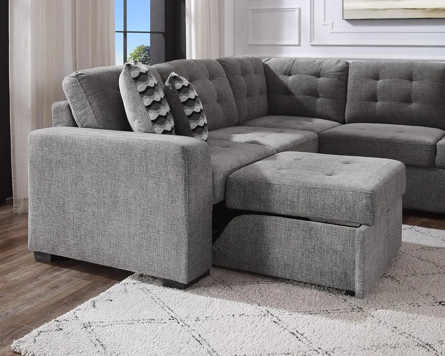 THSUPER 149'' Oversized Sectional Sleeper Sofa Couch with Chaise Lounge and Pull Out Bed, 7-Seater U-Shaped Sectionals Couches with Cuddler for Living Room. Grey Chenille