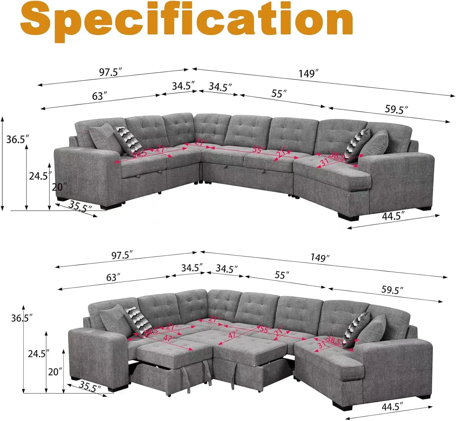 THSUPER 149'' Oversized Sectional Sleeper Sofa Couch with Chaise Lounge and Pull Out Bed, 7-Seater U-Shaped Sectionals Couches with Cuddler for Living Room. Grey Chenille