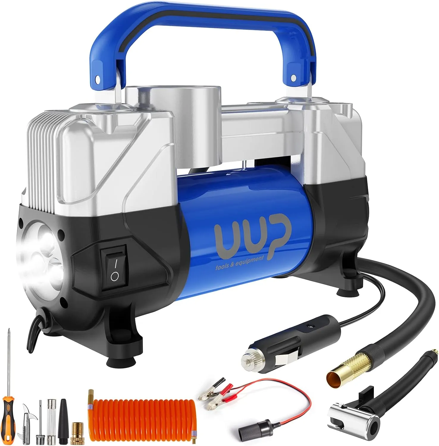 Tire Inflator Air Compressor, 150PSI 12V DC Double Cylinders Heavy Duty Portable Air Pump w/Emergency LED Light for Truck, SUV, Car, RV