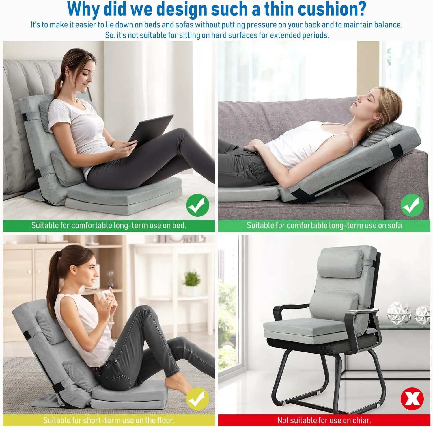 TOPSKY Adjustable Bed Wedge Pillow with Backrest, 6 Reclining Positions and Memory Foam, Wide Seat for Post Surgery, Reading, Sitting and Sleeping for Bed and Sofa (Grey, 21.65" Wide)