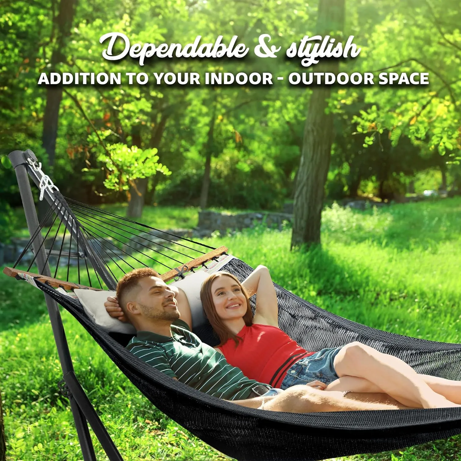 Tranquillo Unity Adjustable Hammock Stand, Collapsible Camping Hammock and Stand, 800 lbs Capacity Steel Double Hammock Stand for 2 Persons, Steel Frame - Black