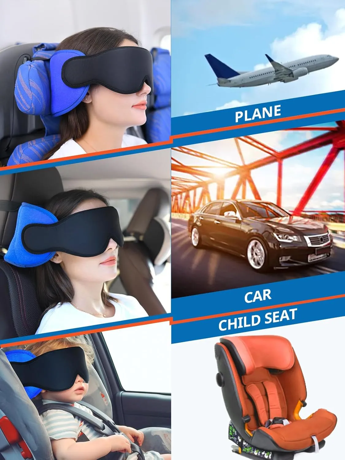 Travel Pillows for Airplanes, Airplane Pillow for Long Flight, Airplane Head Strap with Sleep Eye Mask, 360° Headrest for Car Trip, Stop Bobblehead, FSA HSA Eligible Approved, Mottled Grey