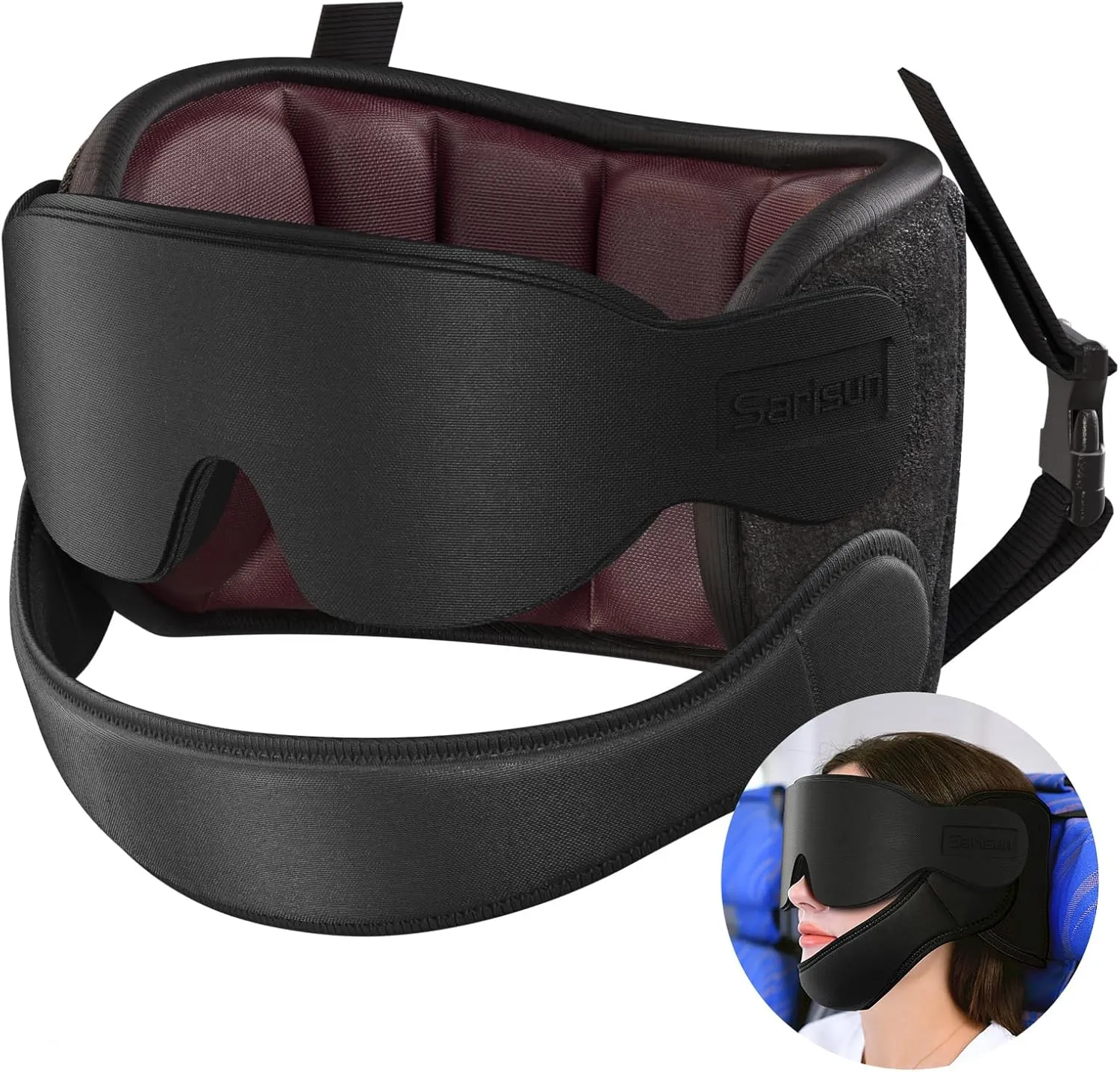 Travel Pillows for Airplanes with Sleep Eye Mask, Chin Strap, Airplane Pillow for Long Flights, Car Road Trip, 360° Headrest, Stop Bobblehead, FSA HSA Eligible, Red