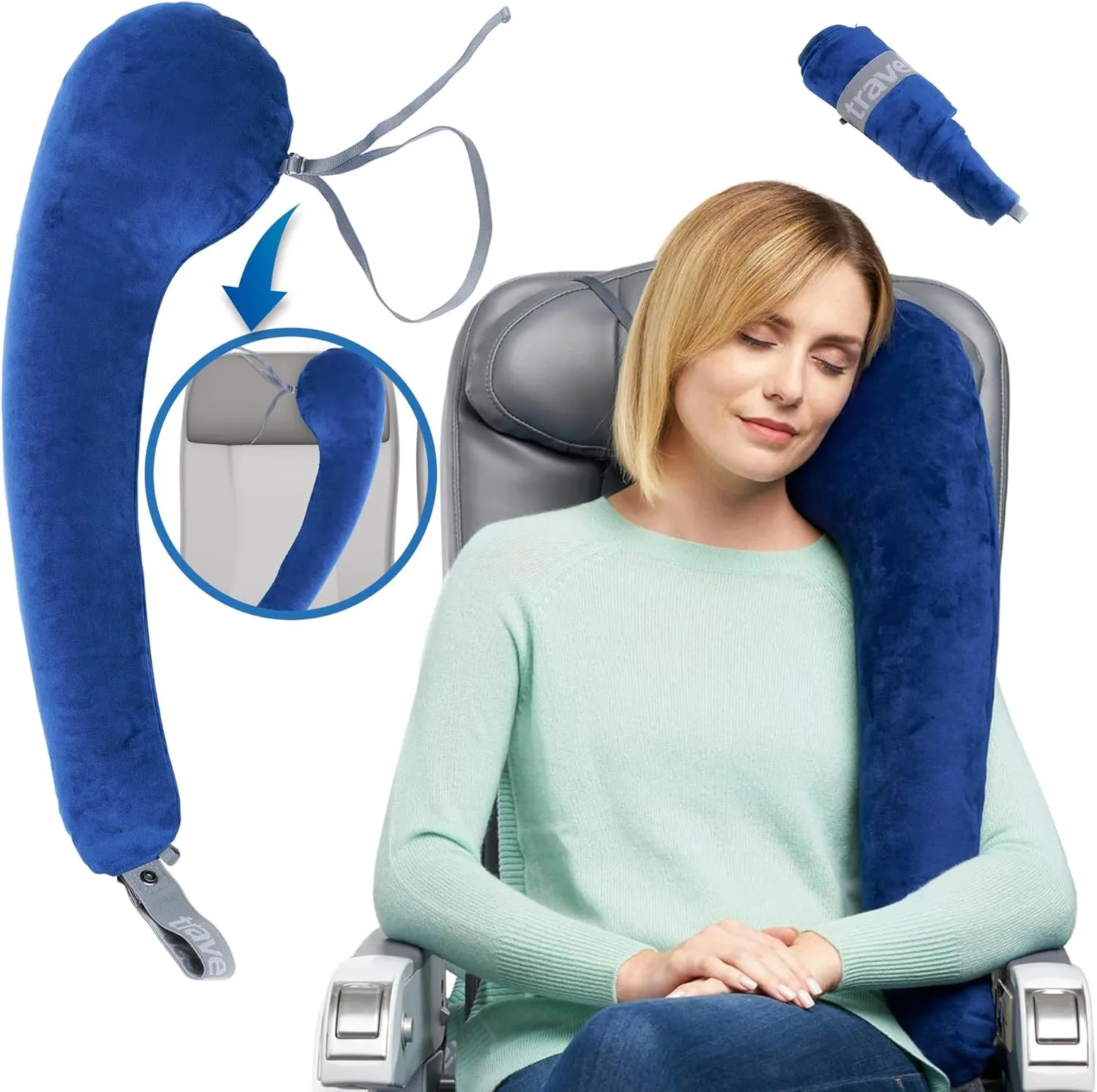 TRAVELREST All-in-One Neck & Body Pillow, Advanced Support Design, Travel Essential, Memory Foam Inserts, Inflatable, Airplane & Car Seat, Sleeping on Long Flight & Trips, Blue (Washable Velour Cover)