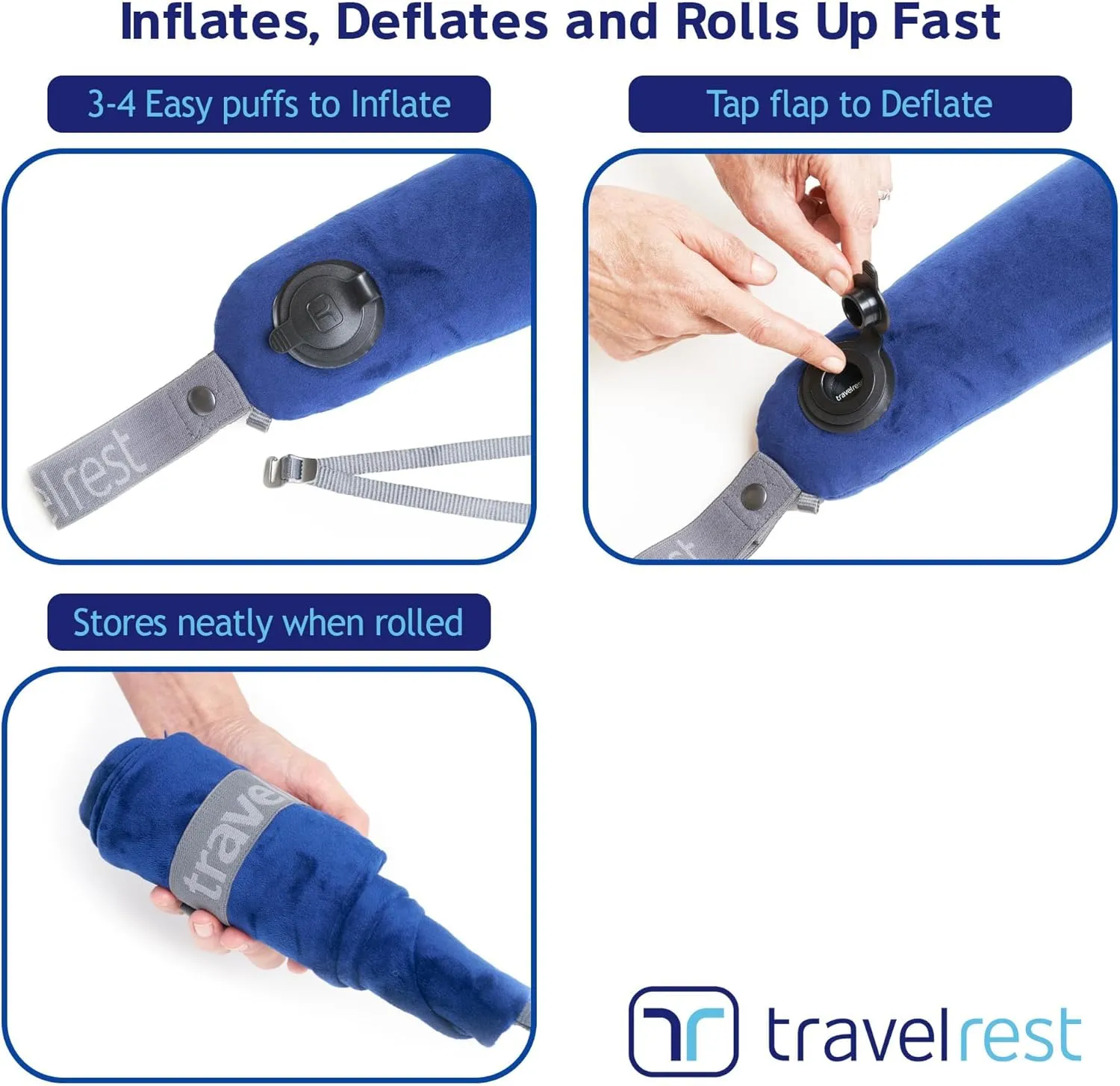 TRAVELREST All-in-One Neck & Body Pillow, Advanced Support Design, Travel Essential, Memory Foam Inserts, Inflatable, Airplane & Car Seat, Sleeping on Long Flight & Trips, Blue (Washable Velour Cover)