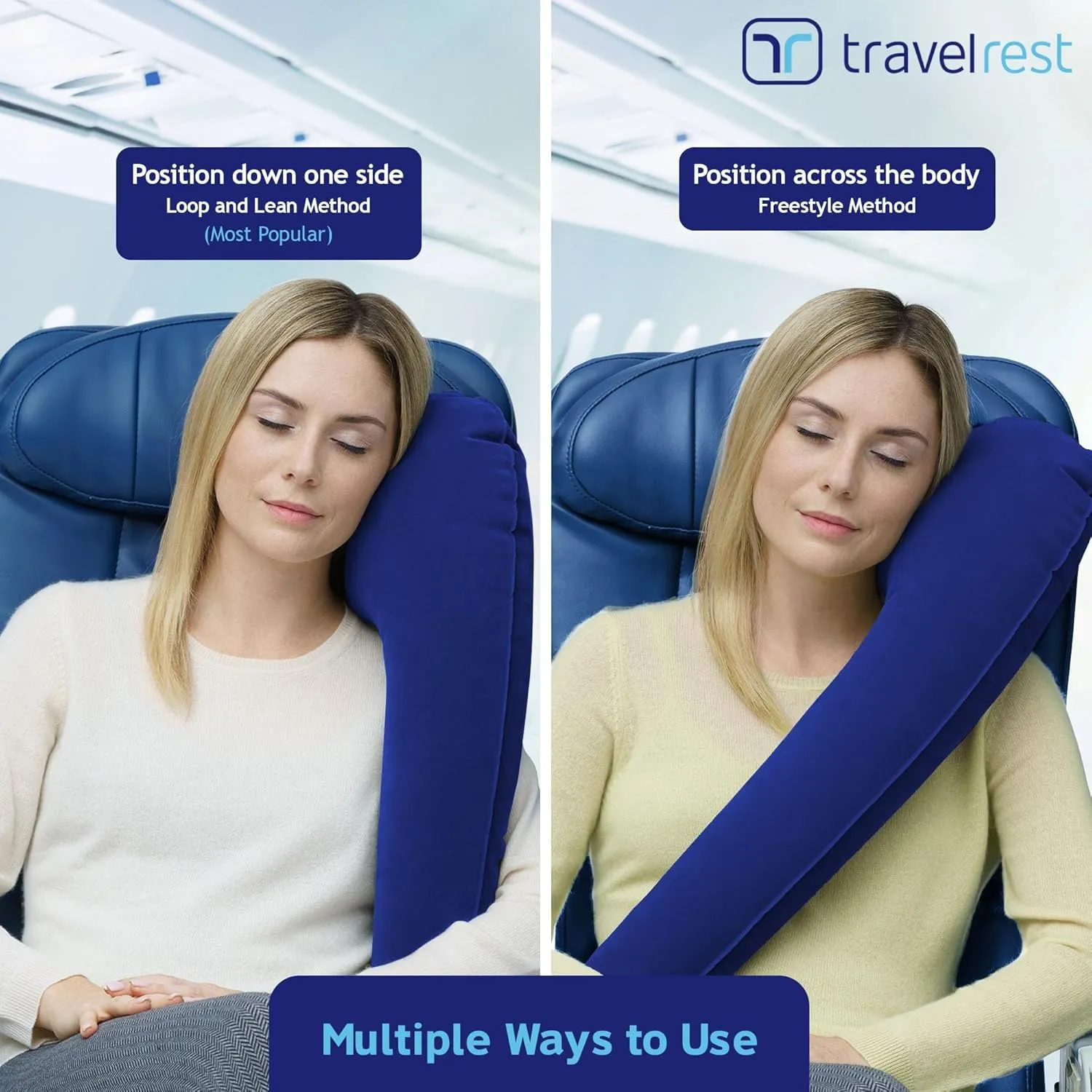 TRAVELREST All-in-One Neck & Body Pillow, Advanced Support Design, Travel Essential, Memory Foam Inserts, Inflatable, Airplane & Car Seat, Sleeping on Long Flight & Trips, Blue (Washable Velour Cover)