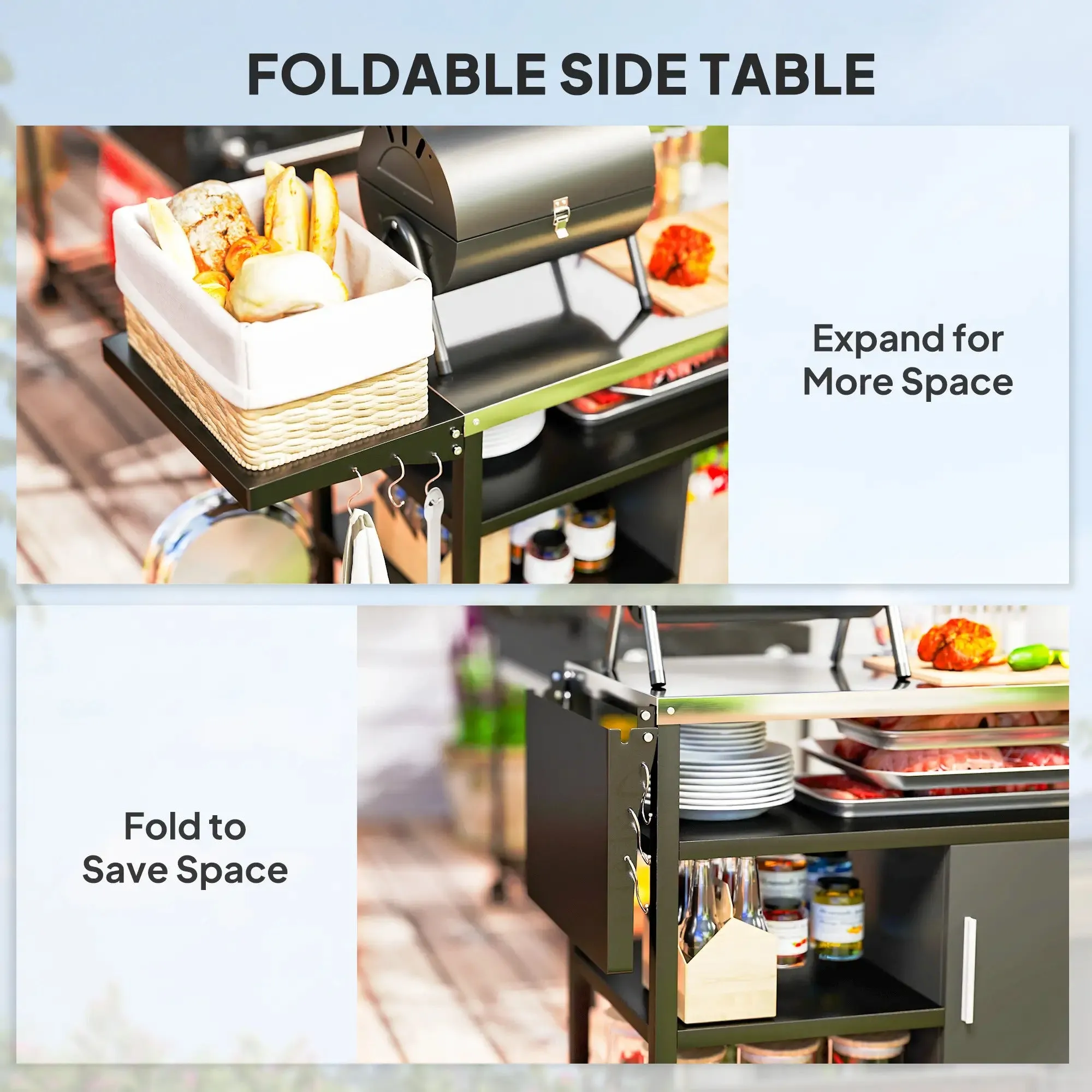 Trolley Dining High-tech-enabled Stainless Cart Side Steel Cover, Table, Grill Black Top, Shelves Refund policy Kitchen Outsunny With Movable Foldable BBQ Hooks Cabinet, Oven Pizza Outdoor Wheels
