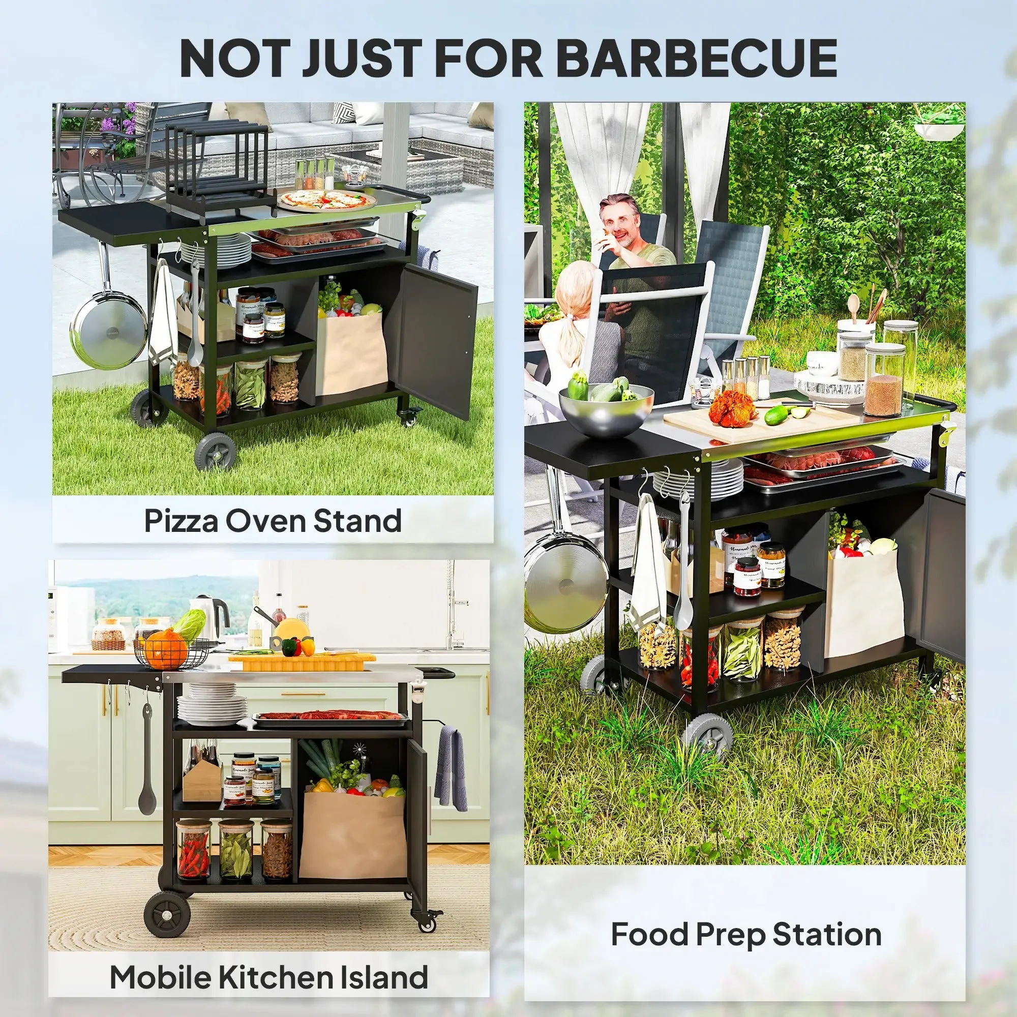 Trolley Dining High-tech-enabled Stainless Cart Side Steel Cover, Table, Grill Black Top, Shelves Refund policy Kitchen Outsunny With Movable Foldable BBQ Hooks Cabinet, Oven Pizza Outdoor Wheels