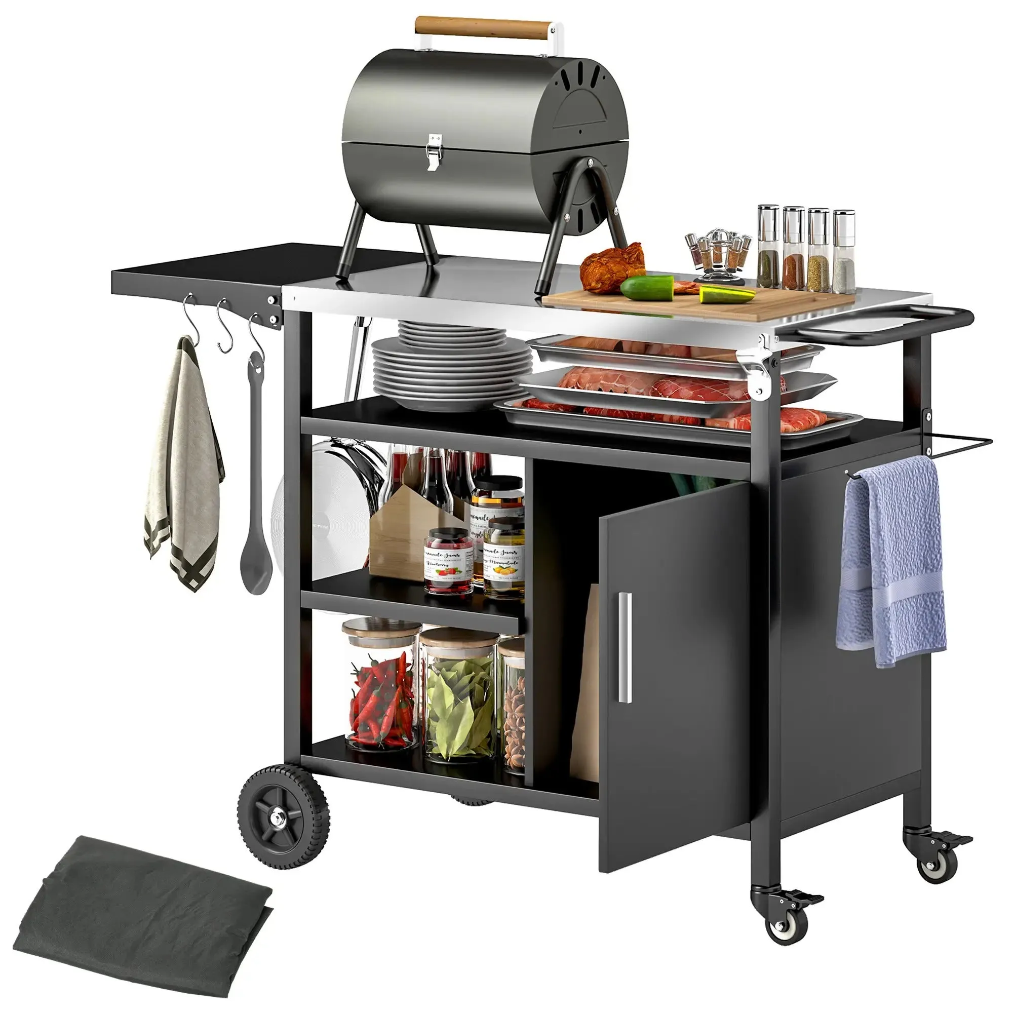 Trolley Dining High-tech-enabled Stainless Cart Side Steel Cover, Table, Grill Black Top, Shelves Refund policy Kitchen Outsunny With Movable Foldable BBQ Hooks Cabinet, Oven Pizza Outdoor Wheels