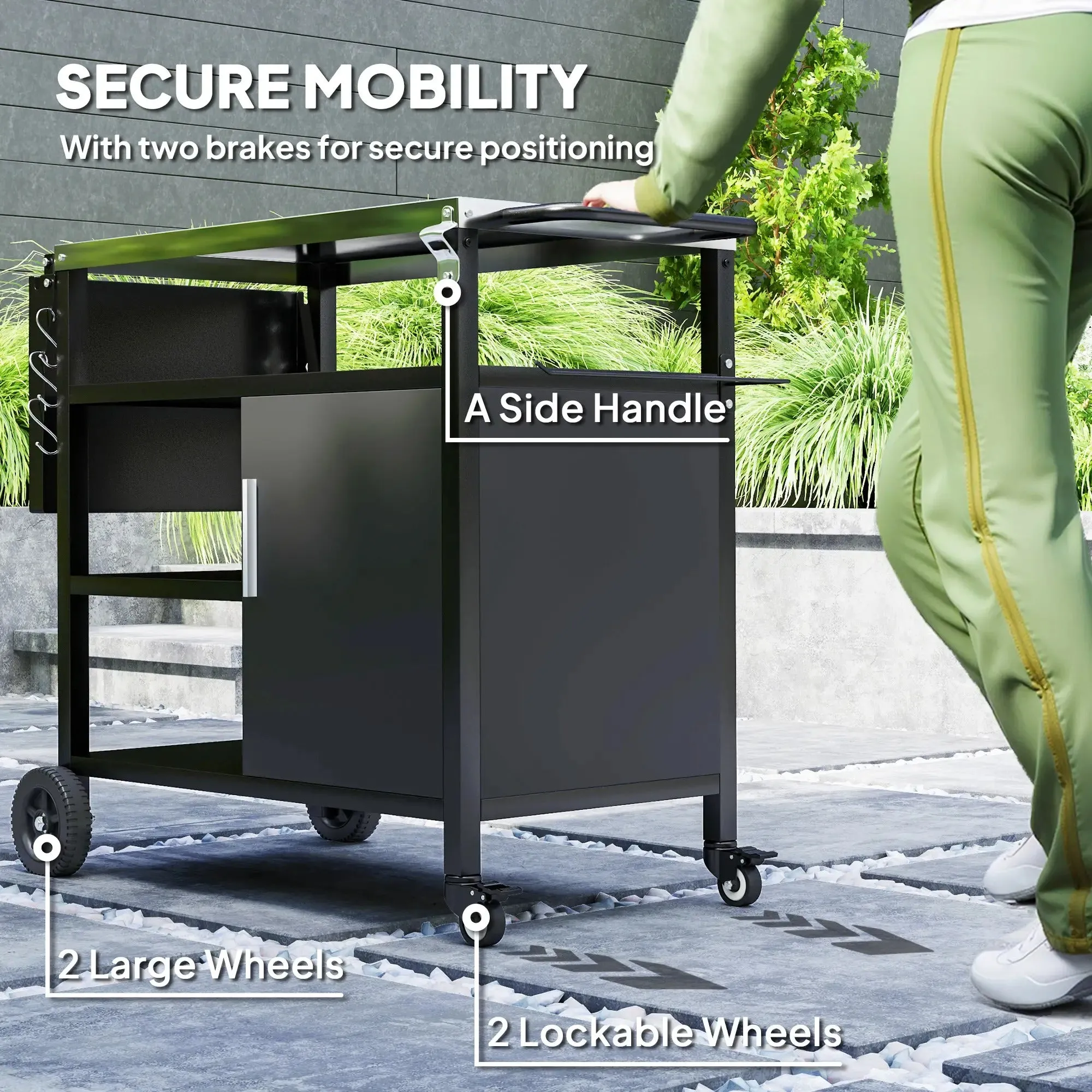 Trolley Dining High-tech-enabled Stainless Cart Side Steel Cover, Table, Grill Black Top, Shelves Refund policy Kitchen Outsunny With Movable Foldable BBQ Hooks Cabinet, Oven Pizza Outdoor Wheels