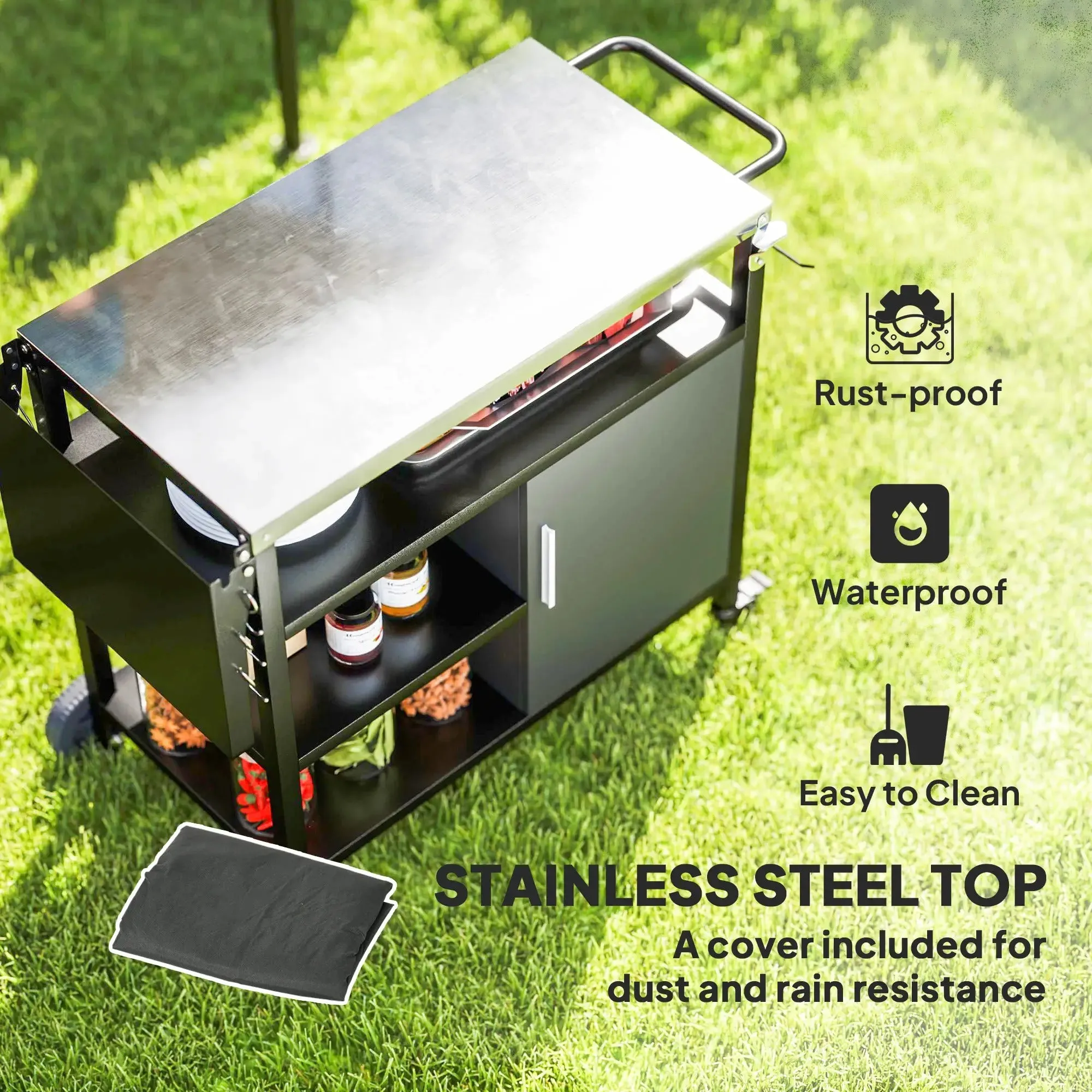 Trolley Dining High-tech-enabled Stainless Cart Side Steel Cover, Table, Grill Black Top, Shelves Refund policy Kitchen Outsunny With Movable Foldable BBQ Hooks Cabinet, Oven Pizza Outdoor Wheels
