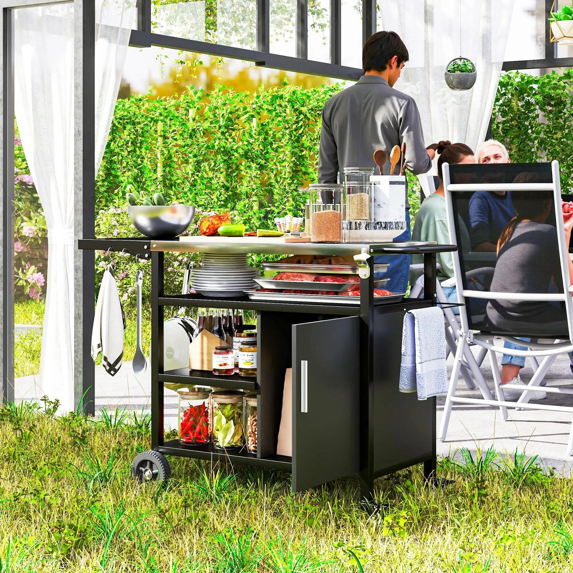 Trolley Dining High-tech-enabled Stainless Cart Side Steel Cover, Table, Grill Black Top, Shelves Refund policy Kitchen Outsunny With Movable Foldable BBQ Hooks Cabinet, Oven Pizza Outdoor Wheels
