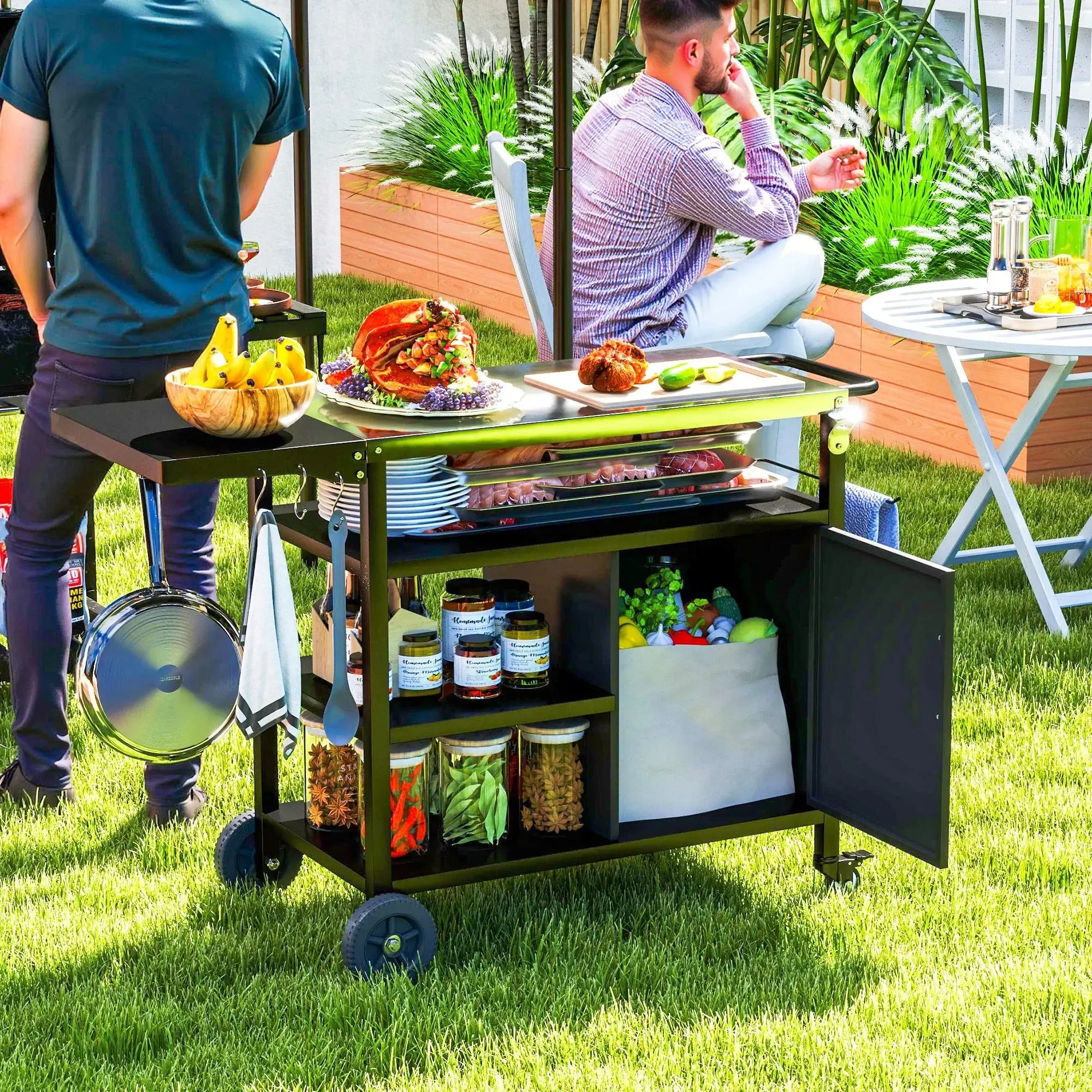 Trolley Dining High-tech-enabled Stainless Cart Side Steel Cover, Table, Grill Black Top, Shelves Refund policy Kitchen Outsunny With Movable Foldable BBQ Hooks Cabinet, Oven Pizza Outdoor Wheels