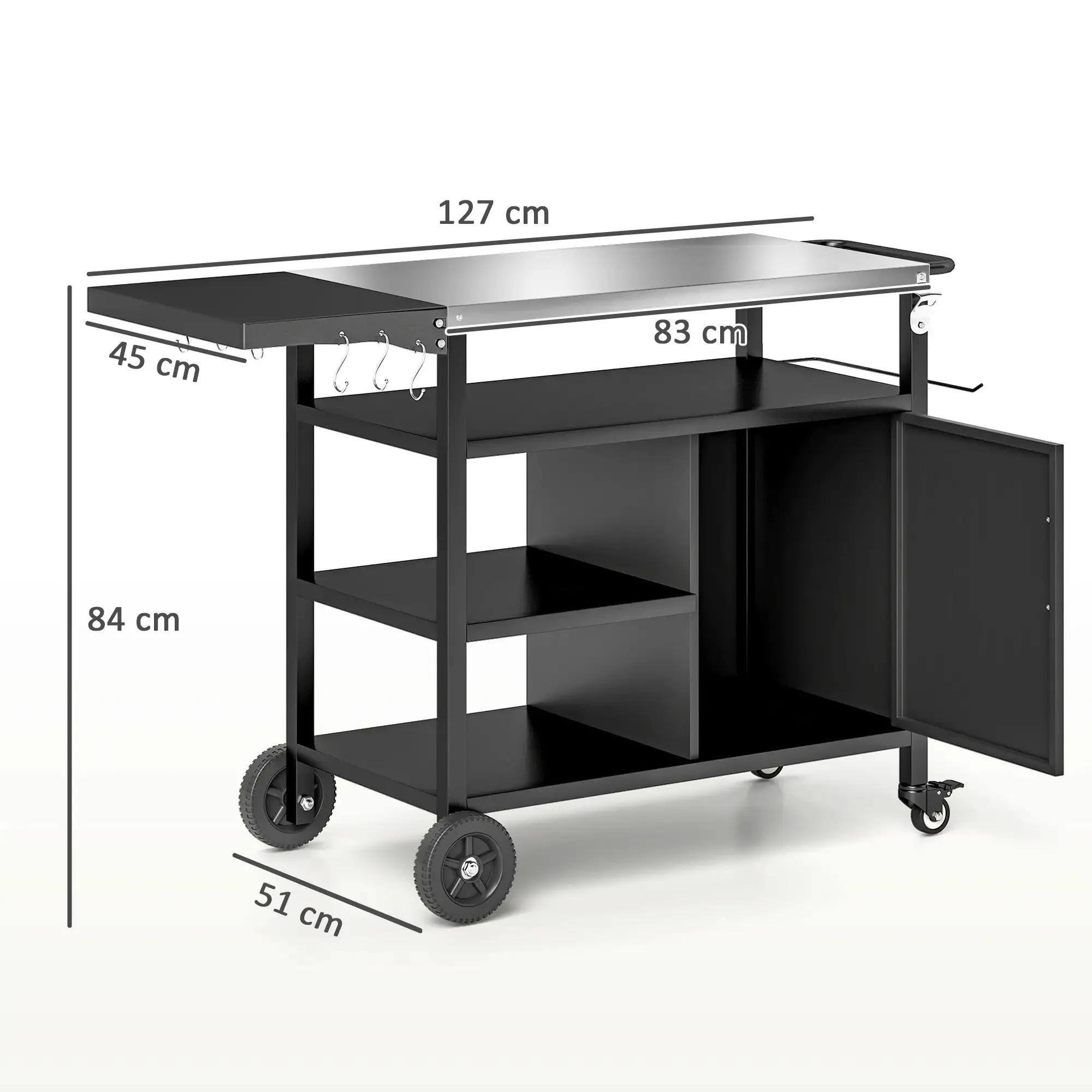 Trolley Dining High-tech-enabled Stainless Cart Side Steel Cover, Table, Grill Black Top, Shelves Refund policy Kitchen Outsunny With Movable Foldable BBQ Hooks Cabinet, Oven Pizza Outdoor Wheels