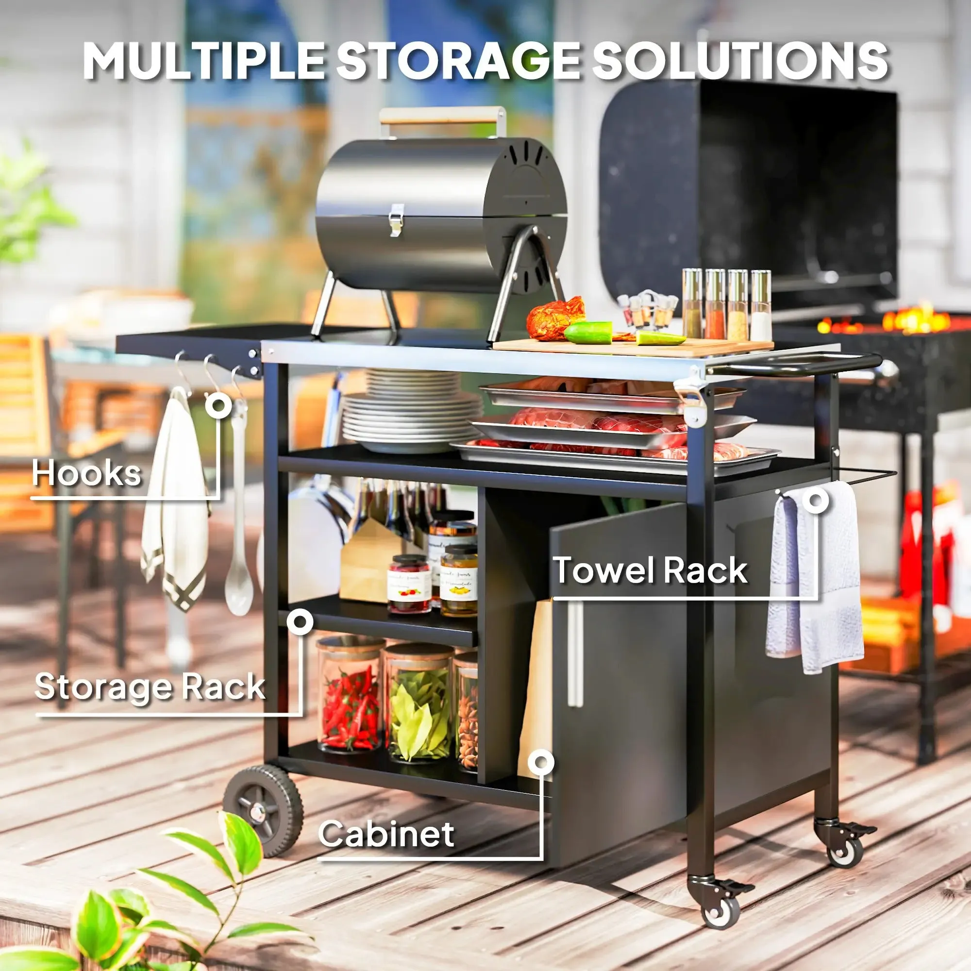 Trolley Dining High-tech-enabled Stainless Cart Side Steel Cover, Table, Grill Black Top, Shelves Refund policy Kitchen Outsunny With Movable Foldable BBQ Hooks Cabinet, Oven Pizza Outdoor Wheels
