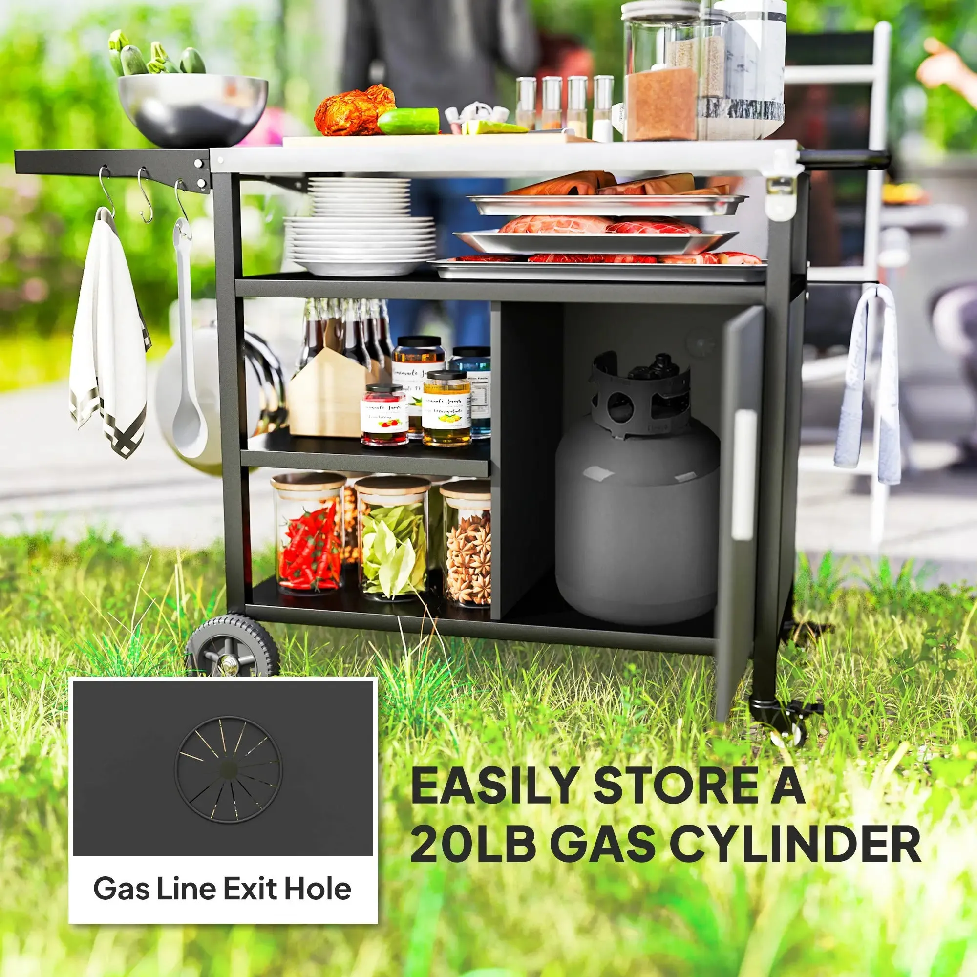 Trolley Dining High-tech-enabled Stainless Cart Side Steel Cover, Table, Grill Black Top, Shelves Refund policy Kitchen Outsunny With Movable Foldable BBQ Hooks Cabinet, Oven Pizza Outdoor Wheels