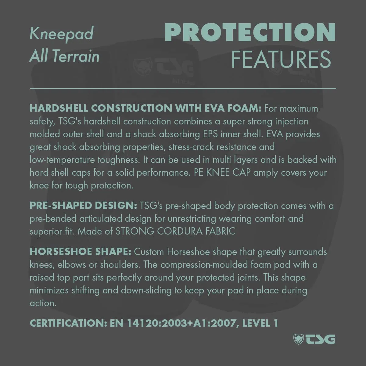 TSG Kneepad All Terrain Protective Pad, Skateboarding, Hardshell, EVA Foam, PE Knee Cap, Pre Shaped, Horseshoe, Tear Resistant Nylon, Top 360 Degree Strap, Pull Over, Swiss Design, Black