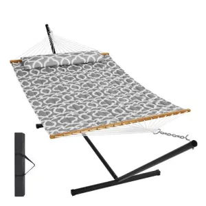 Two Person Hammock with Stand & Straight Spreader Bar Gray White Pattern