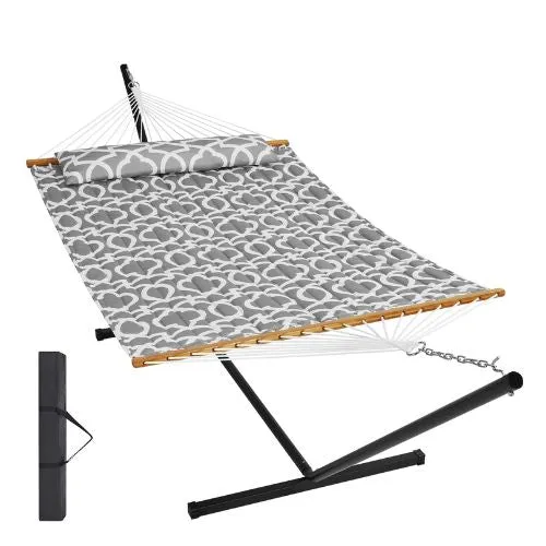 Two Person Hammock with Stand & Straight Spreader Bar Gray White Pattern
