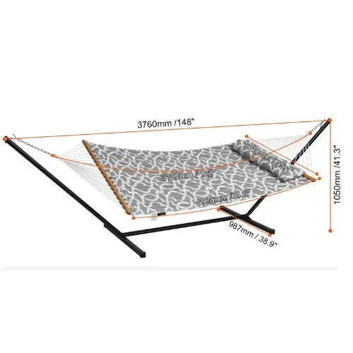 Two Person Hammock with Stand & Straight Spreader Bar Gray White Pattern