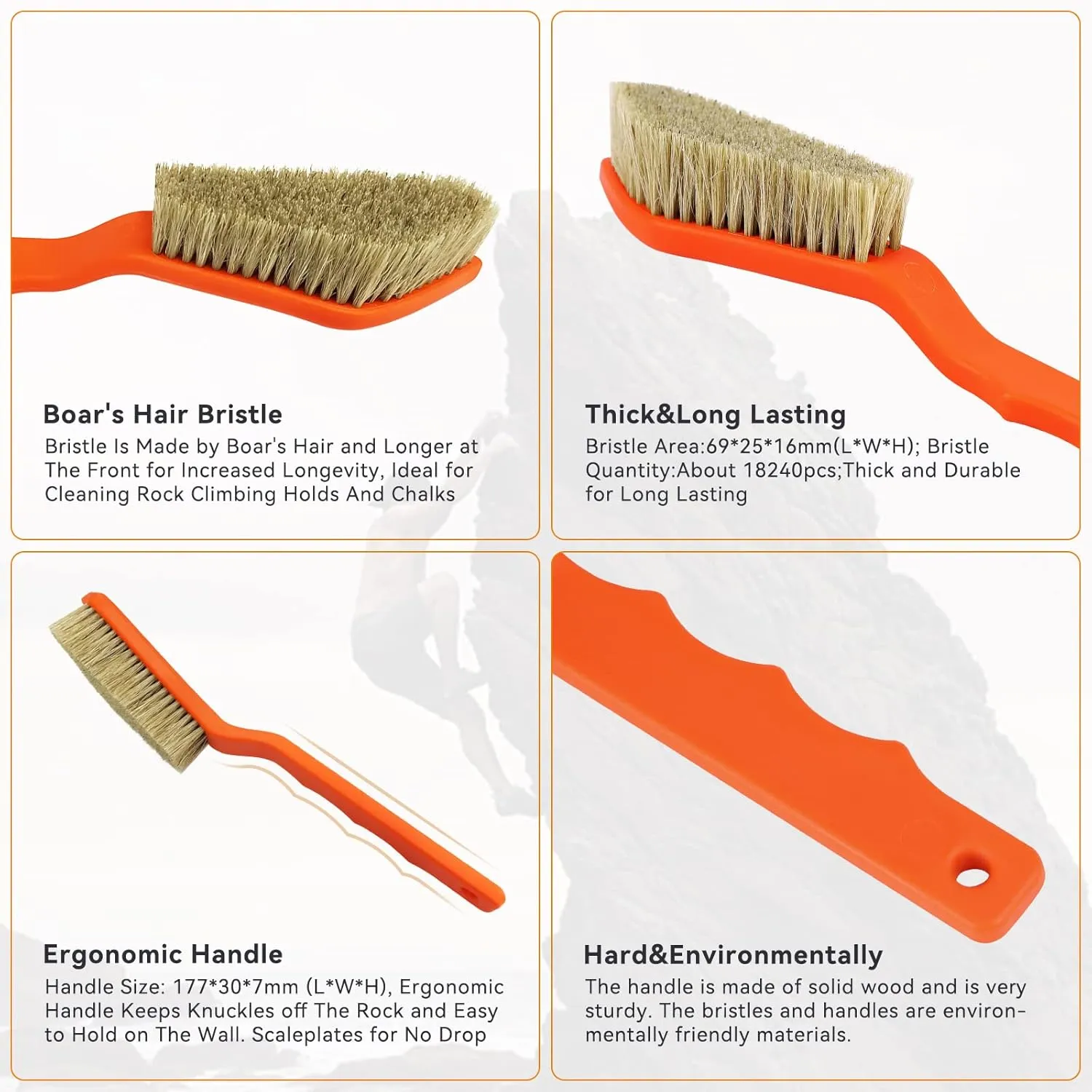 TWO STONES Boar Hair Rock Climbing Brush with Ergonomic Handle, Bouldering Boulder Brush as Durable Cleaning Tool for Chalk and Climbing Holds on Wall Indoor or Outdoor