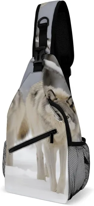 Two Wolves Walking in The Snow Sling Bag with Rfid Blocking Causal Mens Crossbody Bag Lightweight Chest Pack Large Man Purse Travel Crossbody Backpack Shoulder Sling Backpack for Hiking Running Cyclin