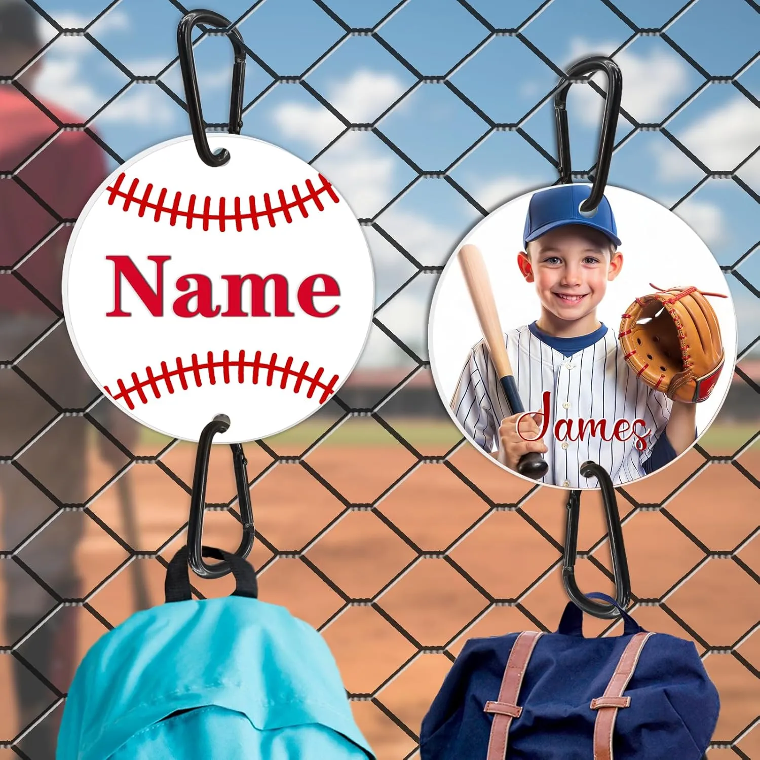 ubmpj Custom Baseball Bag Hook for Fence Personalized Baseball Backpack Clip with Name Photo for Hanging Soccer Tennis Basketball Football Softball Players Athletes