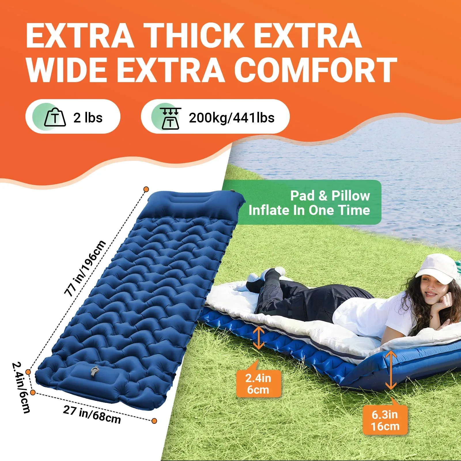 Ultralight Inflatable Sleeping Mat With Pillow Built-in