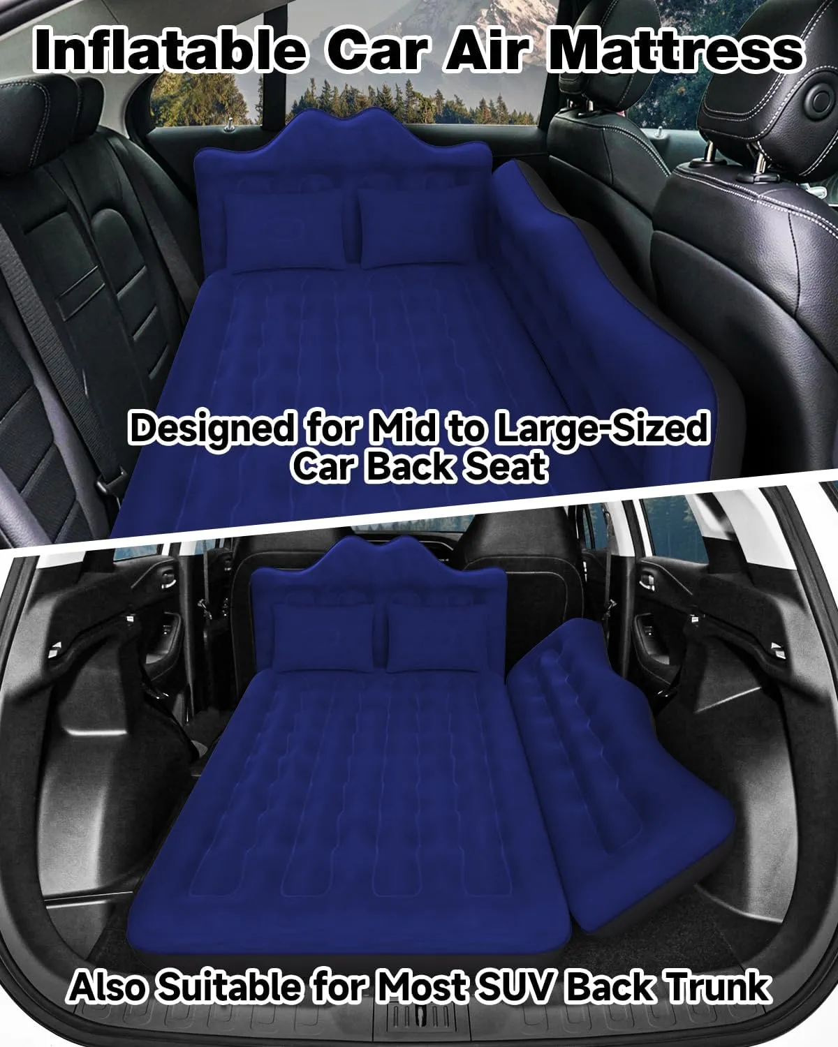 Umbrauto Car Air Mattress Bed: Inflatable SUV Camping Sleeping Pad for Truck Back Seat with Pump & Pillows, Blow Up Backseat Car Mattress for Van Rear Seat Navy