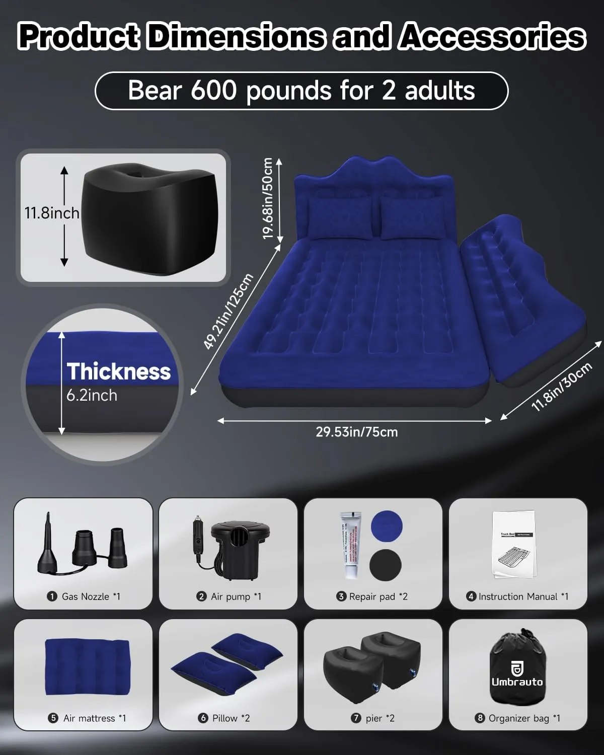 Umbrauto Car Air Mattress Bed: Inflatable SUV Camping Sleeping Pad for Truck Back Seat with Pump & Pillows, Blow Up Backseat Car Mattress for Van Rear Seat Navy