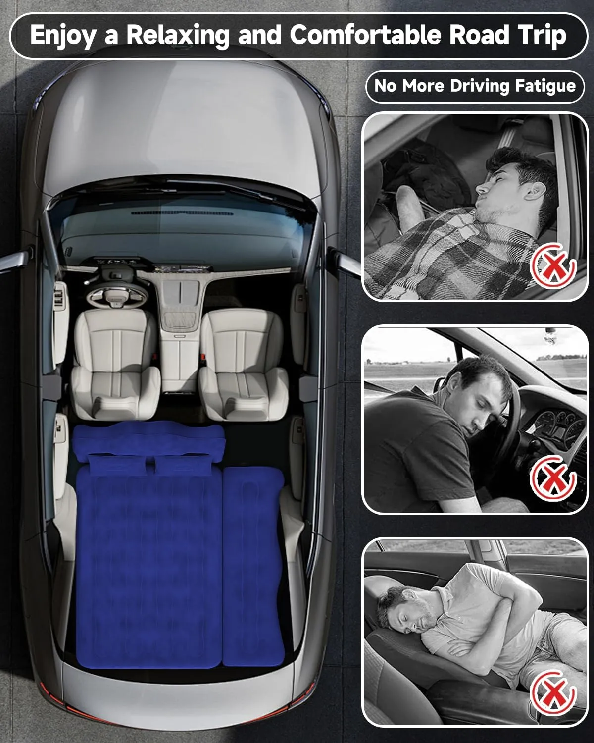 Umbrauto Car Air Mattress Bed: Inflatable SUV Camping Sleeping Pad for Truck Back Seat with Pump & Pillows, Blow Up Backseat Car Mattress for Van Rear Seat Navy