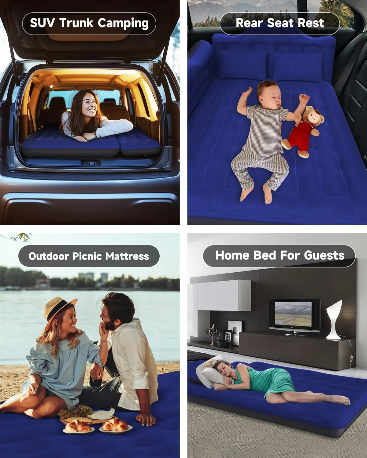 Umbrauto Car Air Mattress Bed: Inflatable SUV Camping Sleeping Pad for Truck Back Seat with Pump & Pillows, Blow Up Backseat Car Mattress for Van Rear Seat Navy