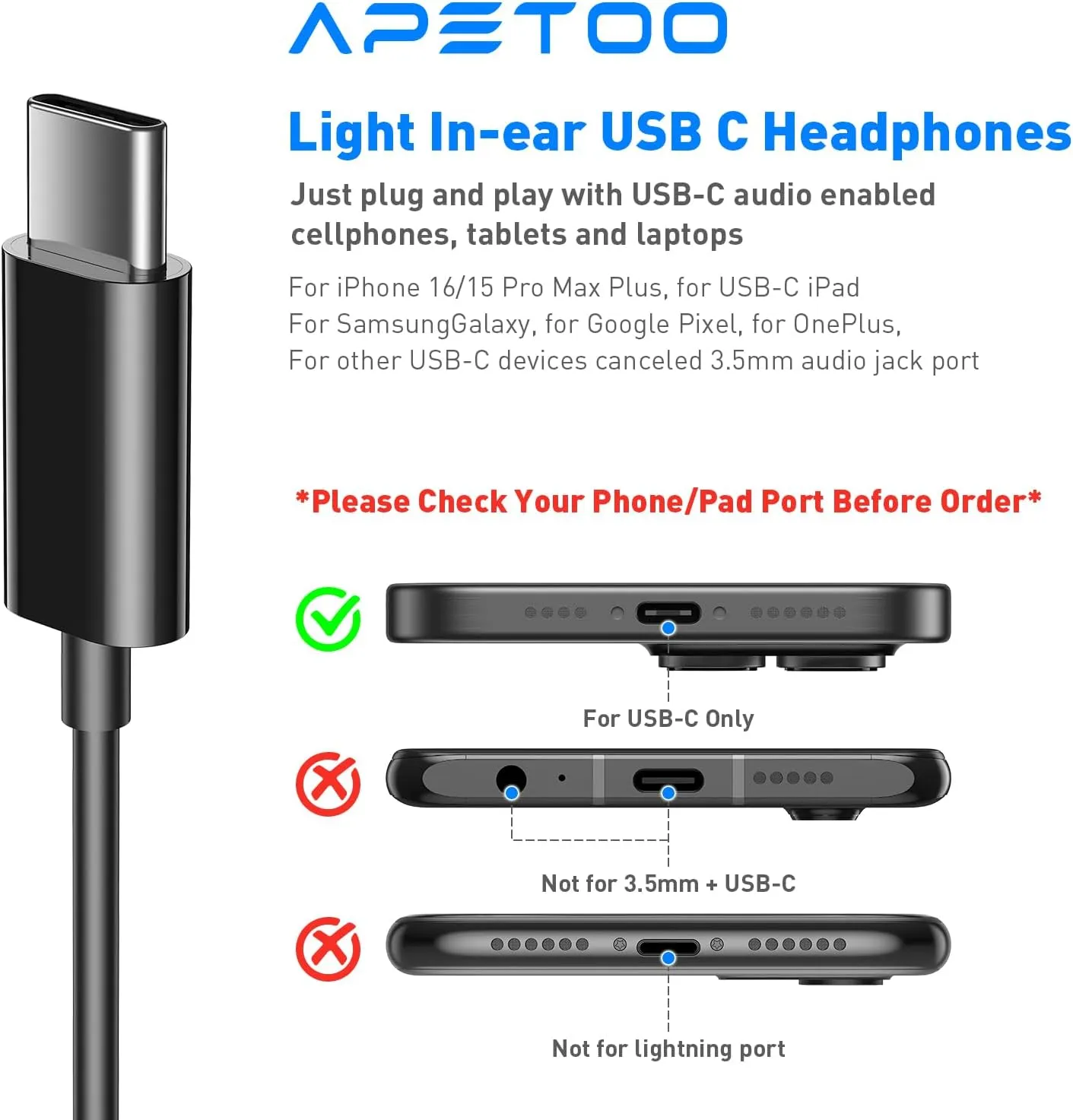 USB C Earphones for Galaxy S25 Ultra Apple iPhone 16/15 Plus USB C Headphones with Microphone Volume Control - Wired Earbuds for iPad Pro Samsung S24/S23/S22/S21/S20 A55