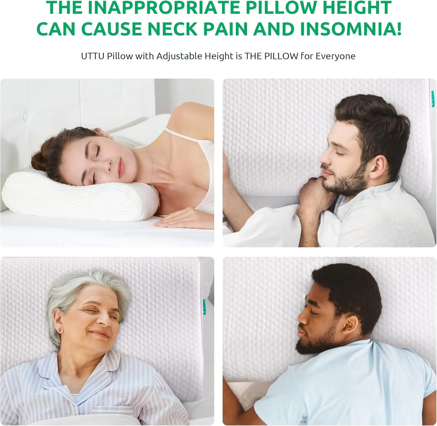 UTTU Cervical Pillow for Neck Strain Relief, Memory Foam Neck Pillow for Sleeping, Adjustable Orthopedic Sandwich Pillow, Contour Cooling for Side Back Stomach Sleeper, Queen(23.6"×14"×4.7"/3.9")