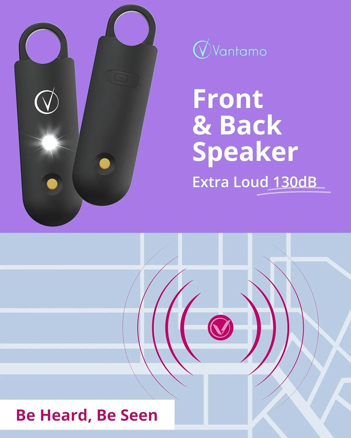 Vantamo Personal Alarm for Self Defense with Low Battery Notice, Strobe Light & Extra Loud 130 dB Double Speakers Safety Keychain Set for Women, Rechargeable Panic Button for Womens Self Defense