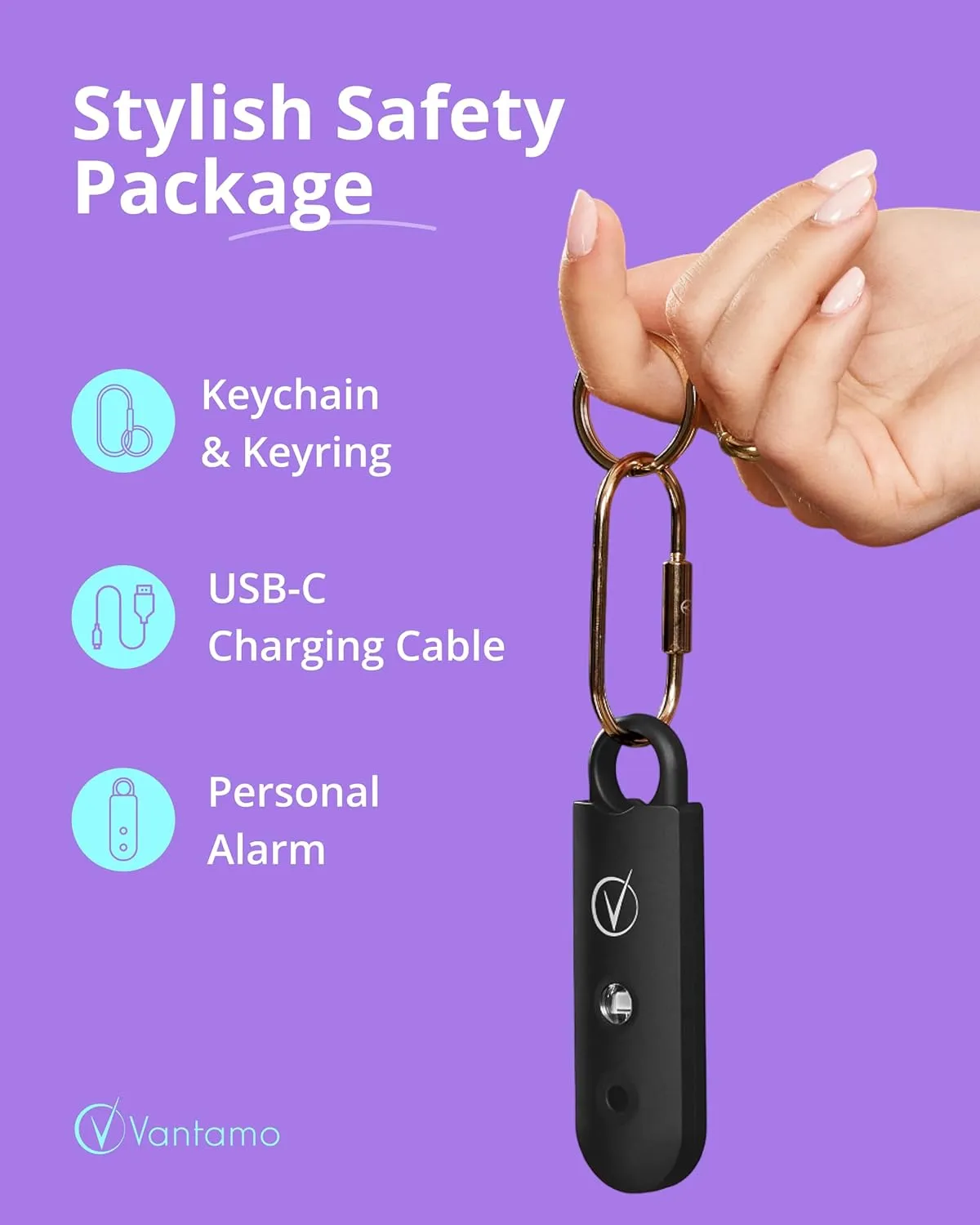 Vantamo Personal Alarm for Self Defense with Low Battery Notice, Strobe Light & Extra Loud 130 dB Double Speakers Safety Keychain Set for Women, Rechargeable Panic Button for Womens Self Defense