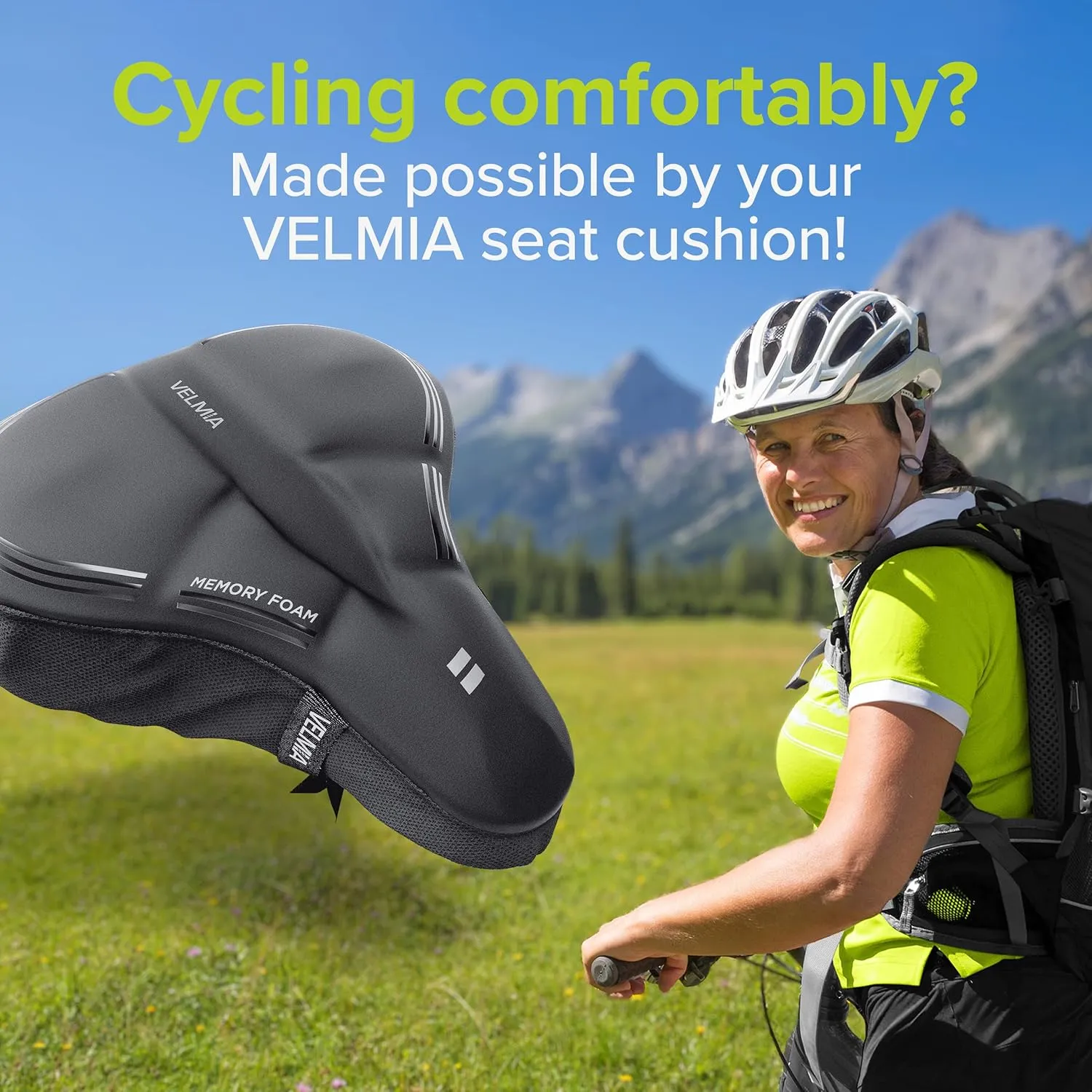 VELMIA Bike Seat Cushion, Comfy Memory Foam, Designed in Germany, Better Than Gel, Peloton Seat Cushion for Men & Women