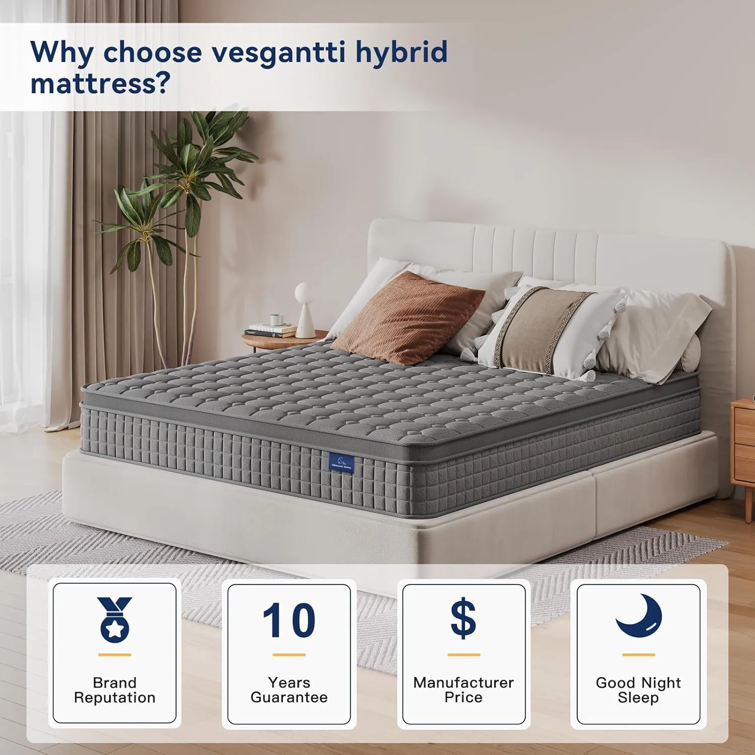 Vesgantti Full Mattress - 10 Inch Multilayer Hybrid with Memory Foam & Pocket Springs, Medium Firm Feel, Grey